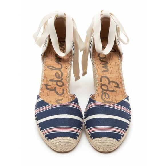 Sam Edelman 10.5 Denim Blue Red Stripe Espadrille Wedge Sandals Shoes Heels 10. - Picture 2 of 5